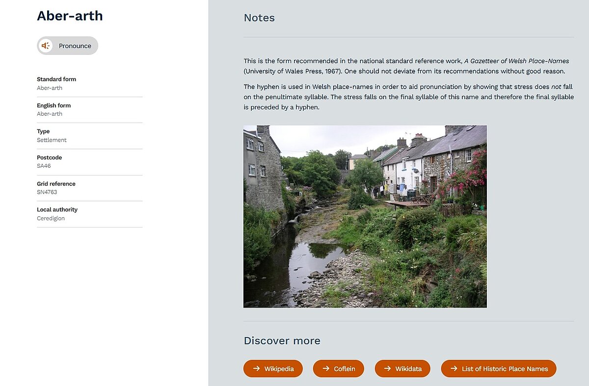 Screenshot of page about Aber-arth, Ceredigion from the new Welsh Language Commission website which includes information, images, data, and sound clips from Wikidata as well as links to other sites with a record for Aber-arth..