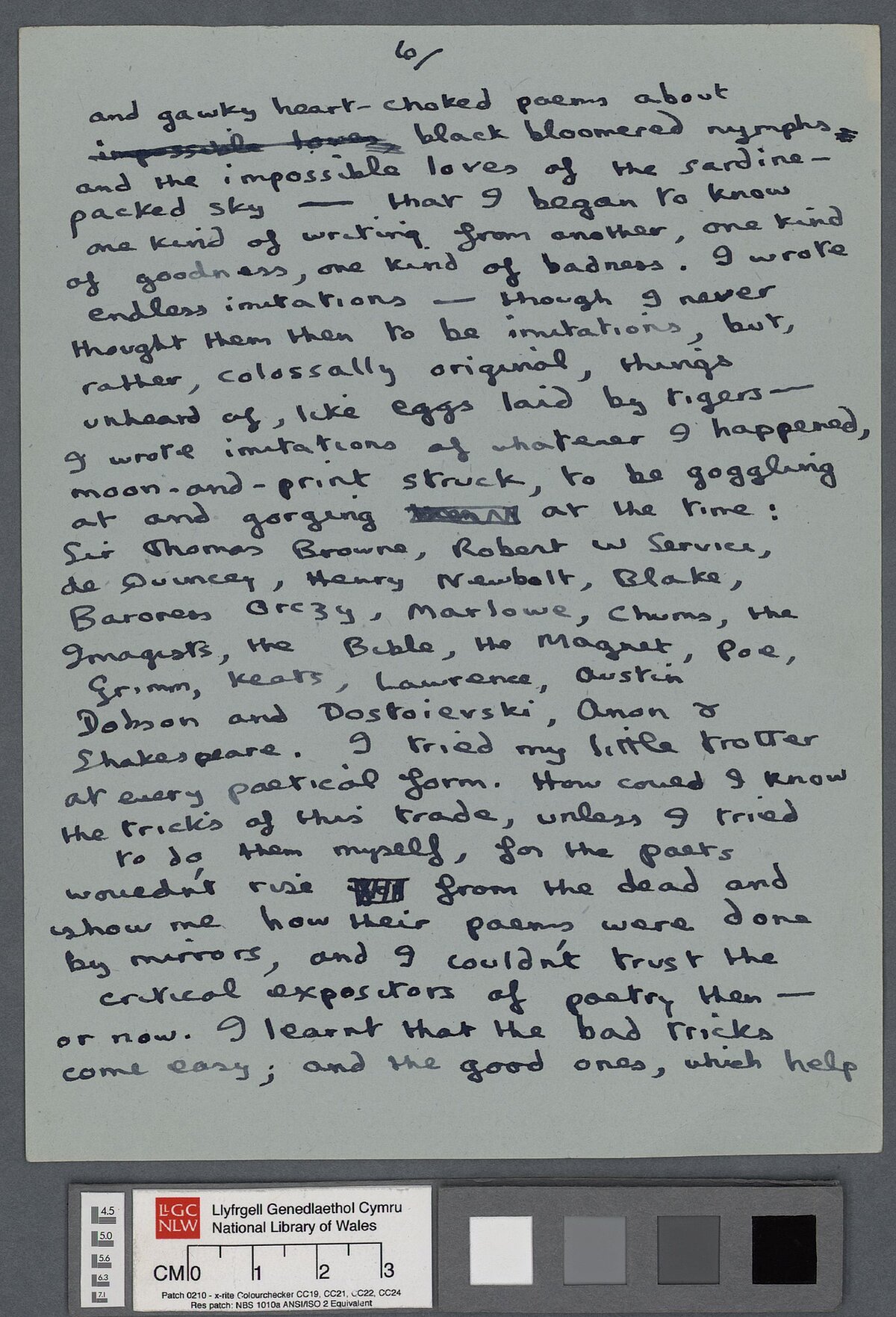 Sixth page of a draft, containing numerous amendments, of an introduction to a poetry reading by Dylan Thomas.