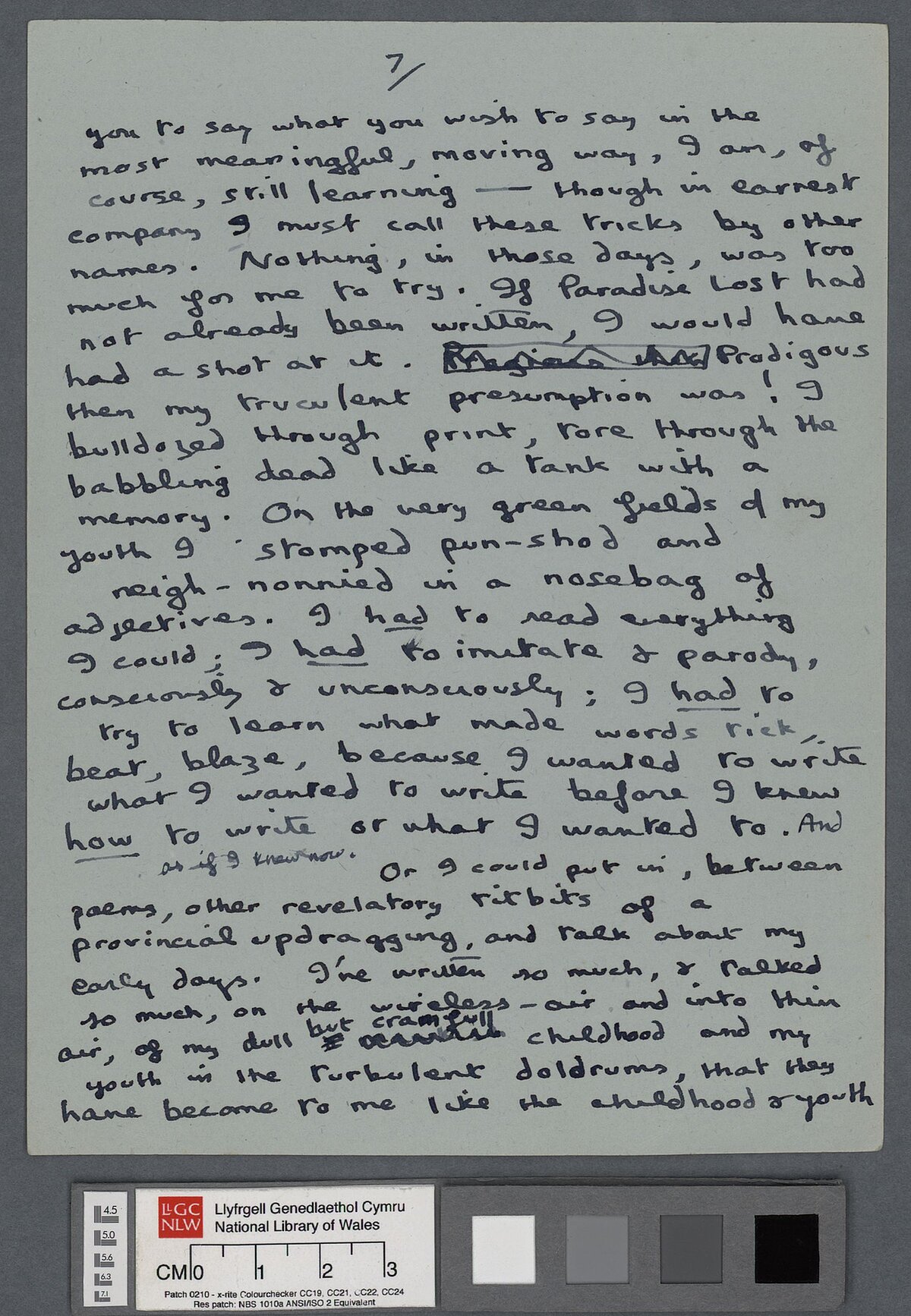Seventh page of a draft, containing numerous amendments, of an introduction to a poetry reading by Dylan Thomas.