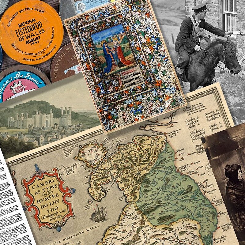 A montage of different collections including a map, manuscript and photographs