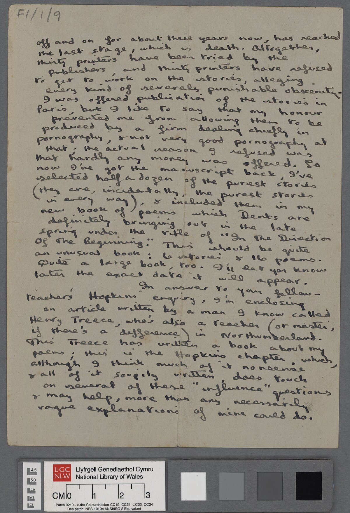 Second page of an undated letter, possibly written in January 1939, to Dylan Thomas' former school friend Bob Rees, in which he refers to Swansea, and discusses 'In the direction of the beginning', and the influence of Gerard Manley Hopkins on his writing.