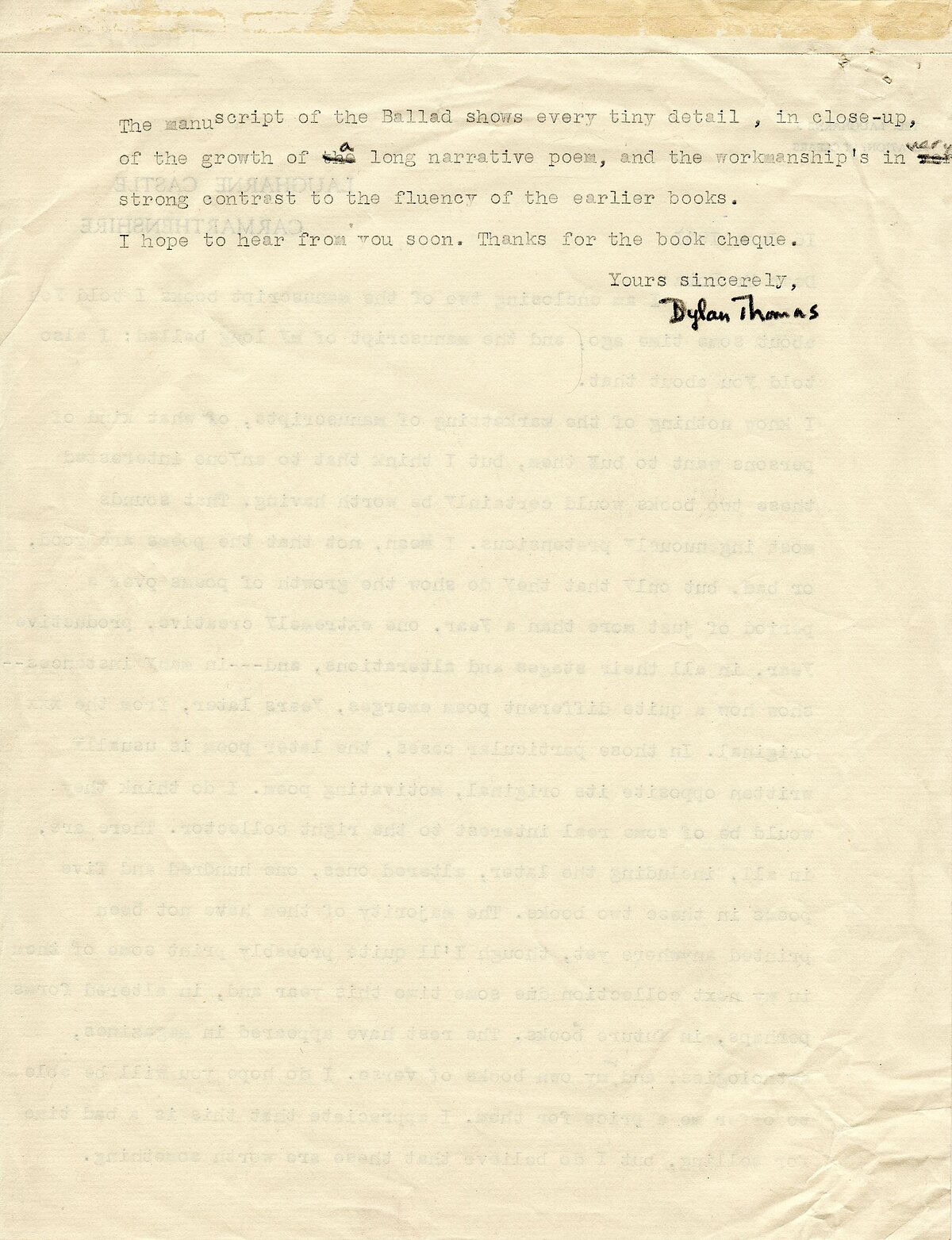 Letter from Dylan Thomas to Bertram Rota, 16 June 1941.