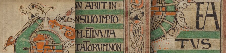 Manuscript illuminations, including animal motifs, in shades of red, orange and green taken from 'The Ricemarch Psalter', Dublin, Trinity College MS 50.