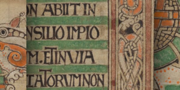 Manuscript illuminations, including animal motifs, in shades of red, orange and green taken from 'The Ricemarch Psalter', Dublin, Trinity College MS 50.