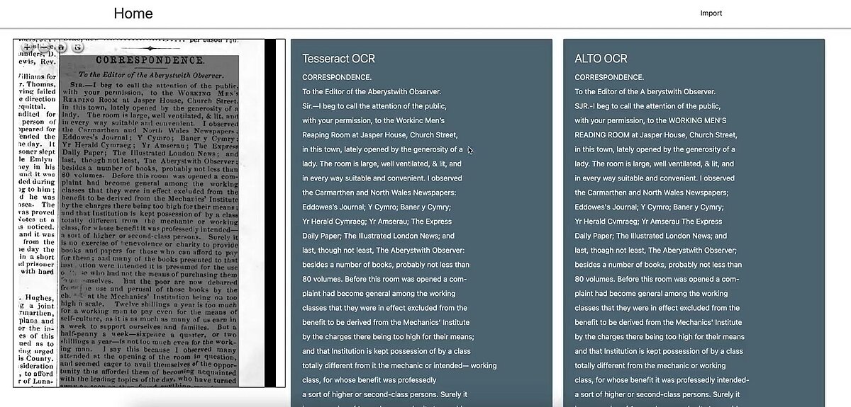 Screen showing a comparison of Welsh Newspaper OCR data quality versus output from the latest tools. (Code on Github).