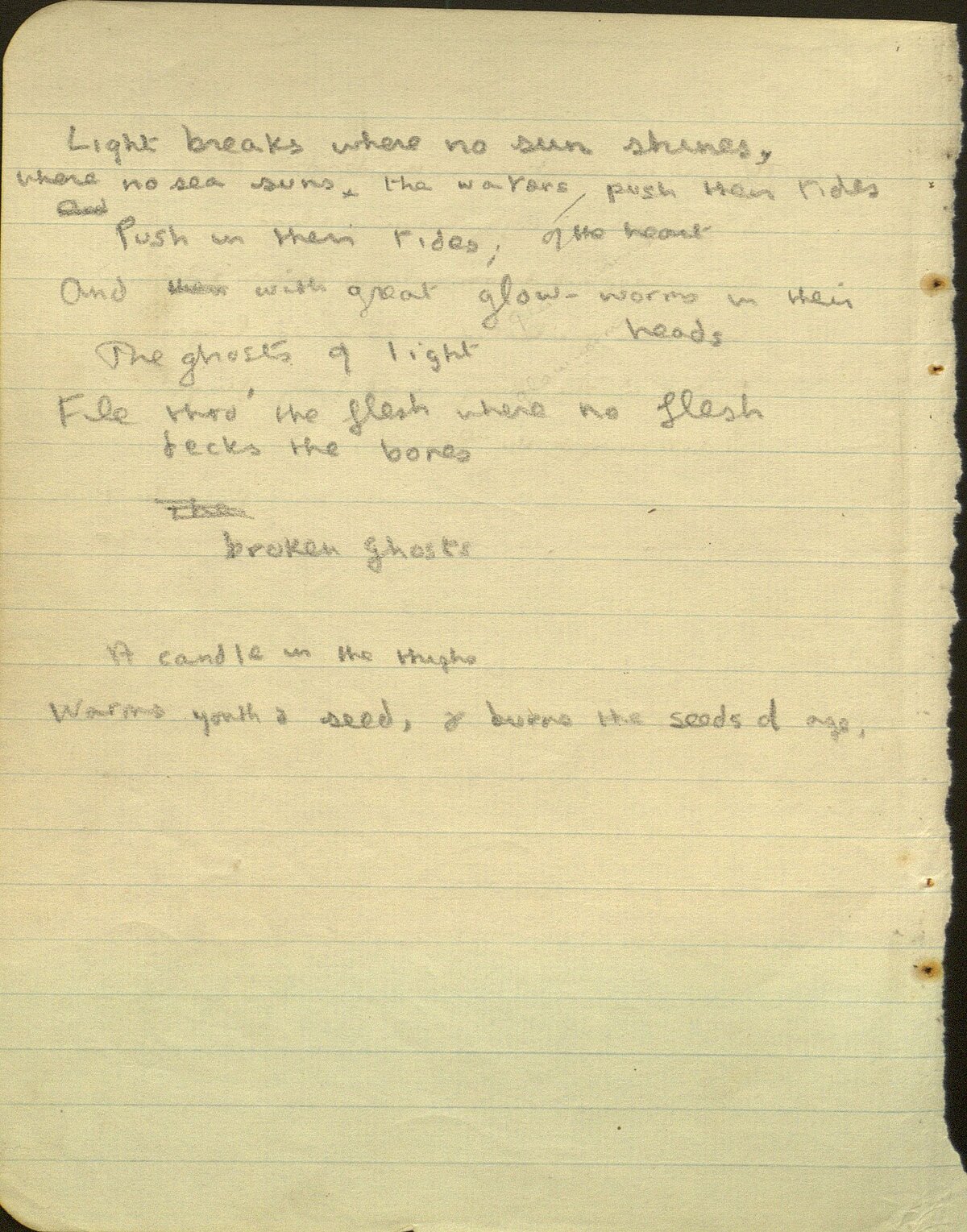 Draft of the poem, 'Light breaks where no sun shines', from the 1934 Notebook.
