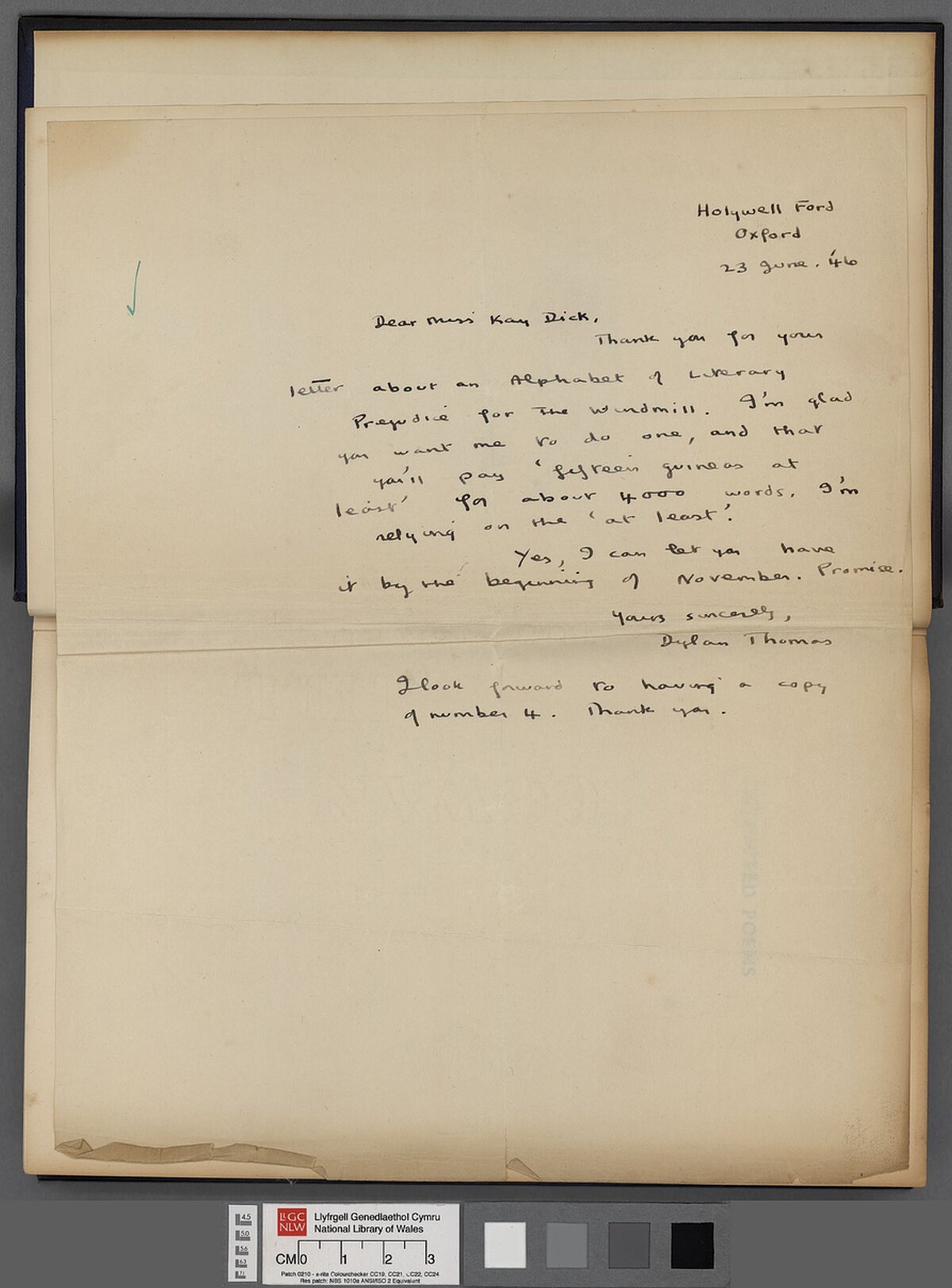 A letter to Kay Davies dated 23 June 1946 accepting an offer to compile an 'Alphabet of Literary Prejudice' for the Windmill.
