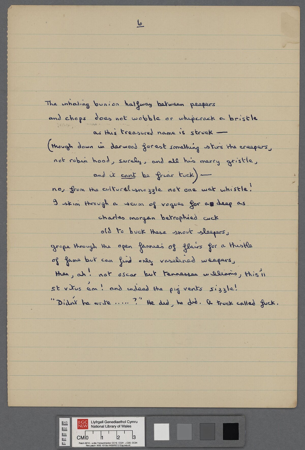 Sixth page of a draft of 'Letter to Loren' (1951), a letter by Dylan Thomas written in verse, and sent to his friend Lloyd Frankenberg and Loren MacIver on his return to Laugharne following his first American tour. This annotated manuscript appears to be a final draft.