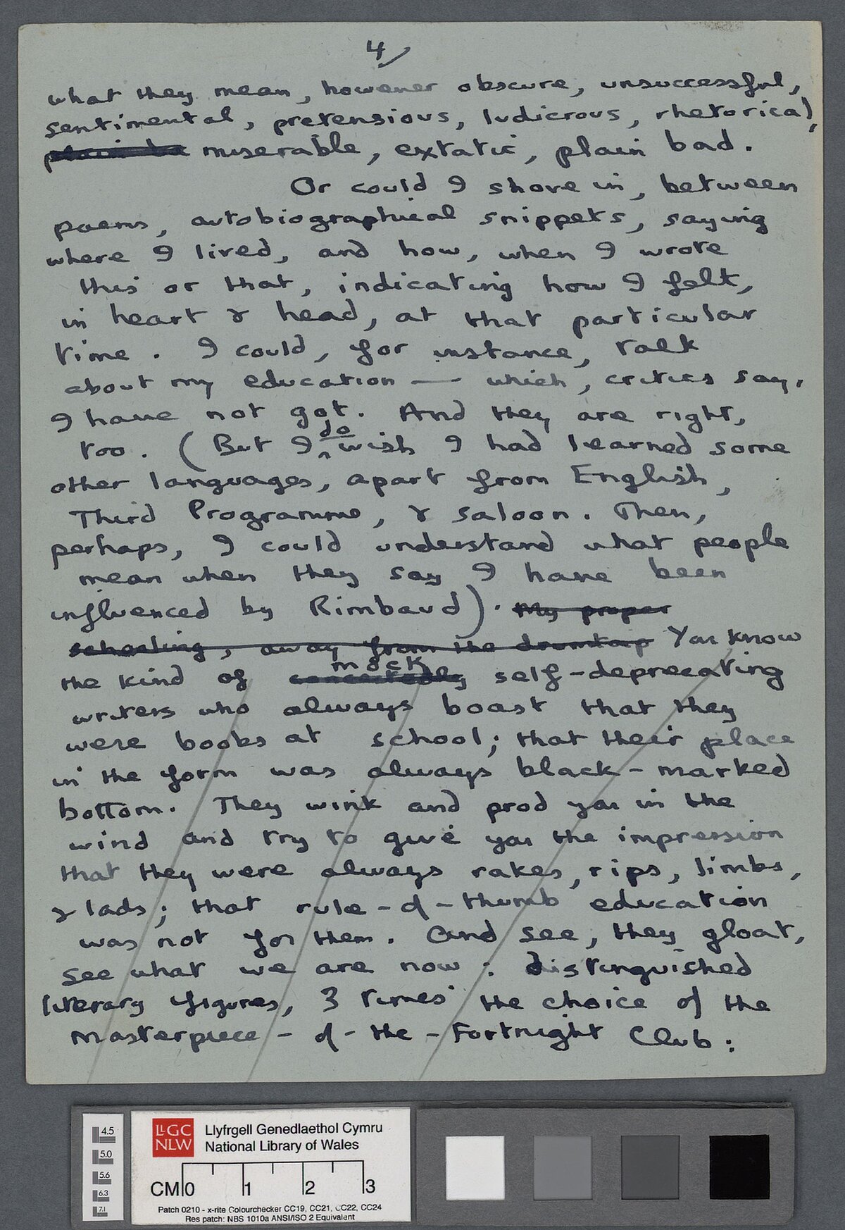 Fourth page of a draft, containing numerous amendments, of an introduction to a poetry reading by Dylan Thomas.