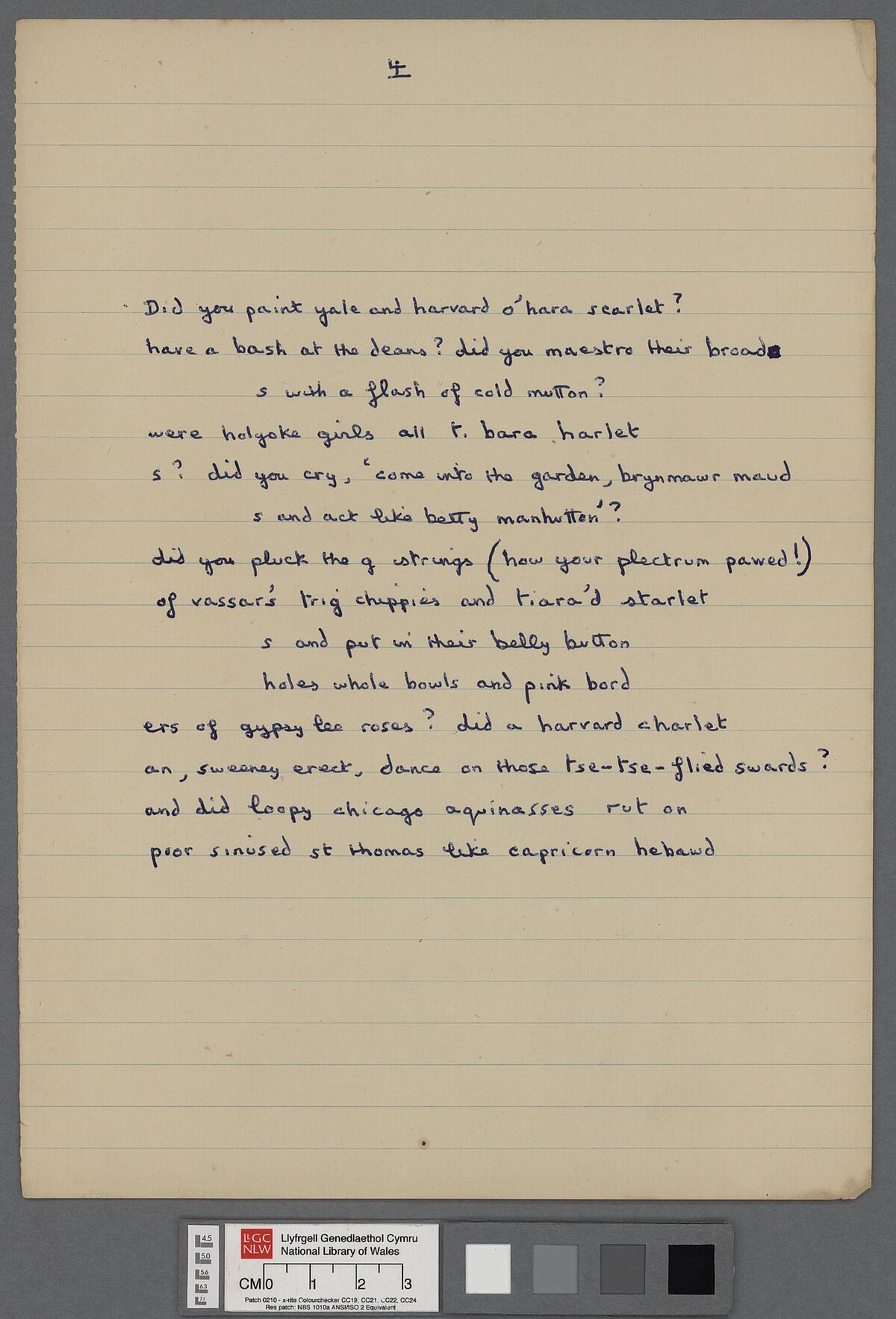 Fourth page of a draft of 'Letter to Loren' (1951), a letter by Dylan Thomas written in verse, and sent to his friend Lloyd Frankenberg and Loren MacIver on his return to Laugharne following his first American tour. This annotated manuscript appears to be a final draft.