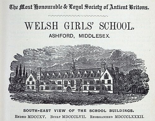 The front facade of the new school, opened at Ashford, Middlesex in 1857