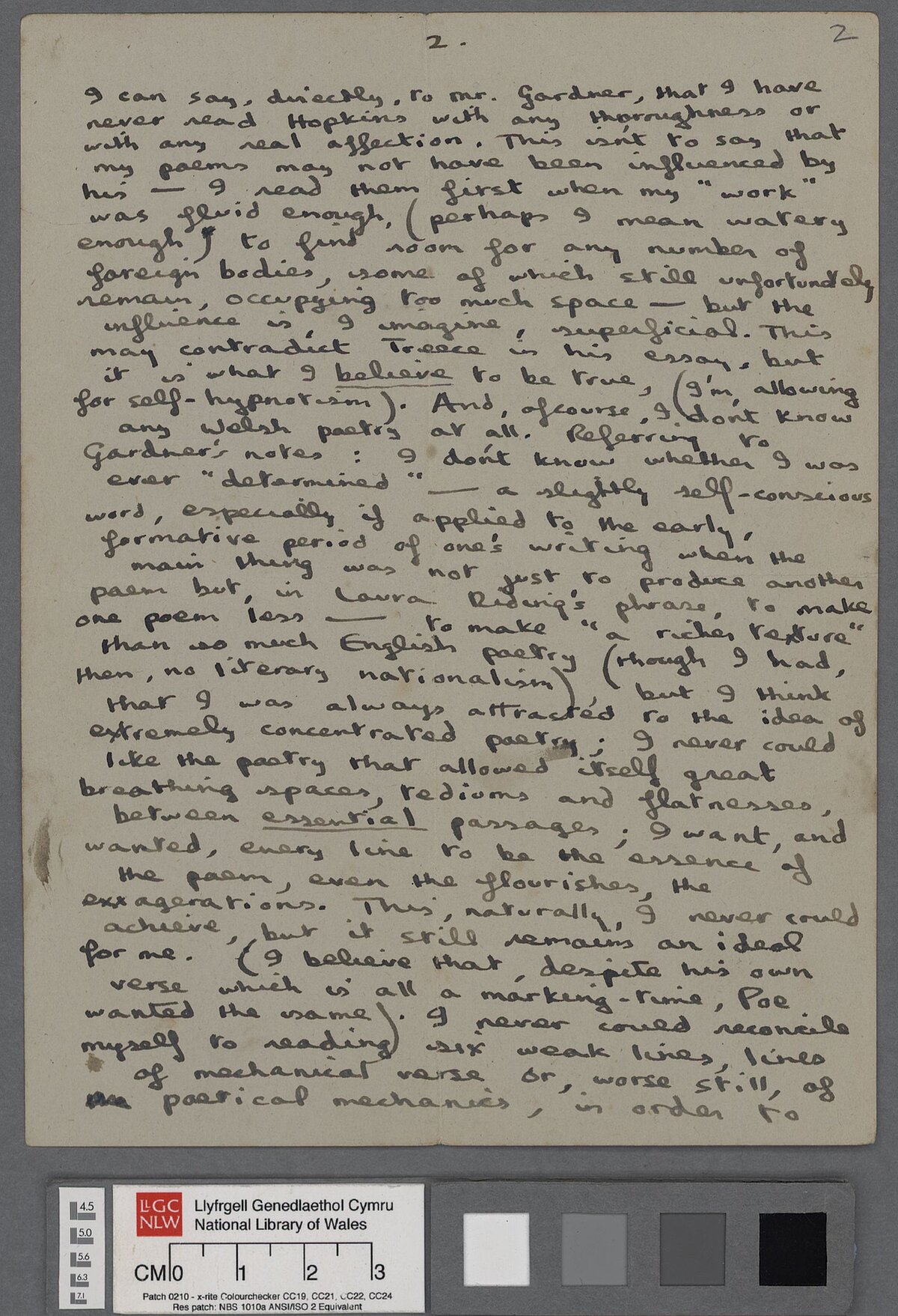 Third page of an undated letter, possibly written in January 1939, to Dylan Thomas' former school friend Bob Rees, in which he refers to Swansea, and discusses 'In the direction of the beginning', and the influence of Gerard Manley Hopkins on his writing.