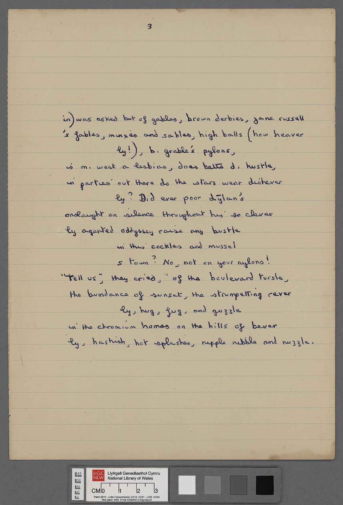 Third page of a draft of 'Letter to Loren' (1951), a letter by Dylan Thomas written in verse, and sent to his friend Lloyd Frankenberg and Loren MacIver on his return to Laugharne following his first American tour. This annotated manuscript appears to be a final draft.