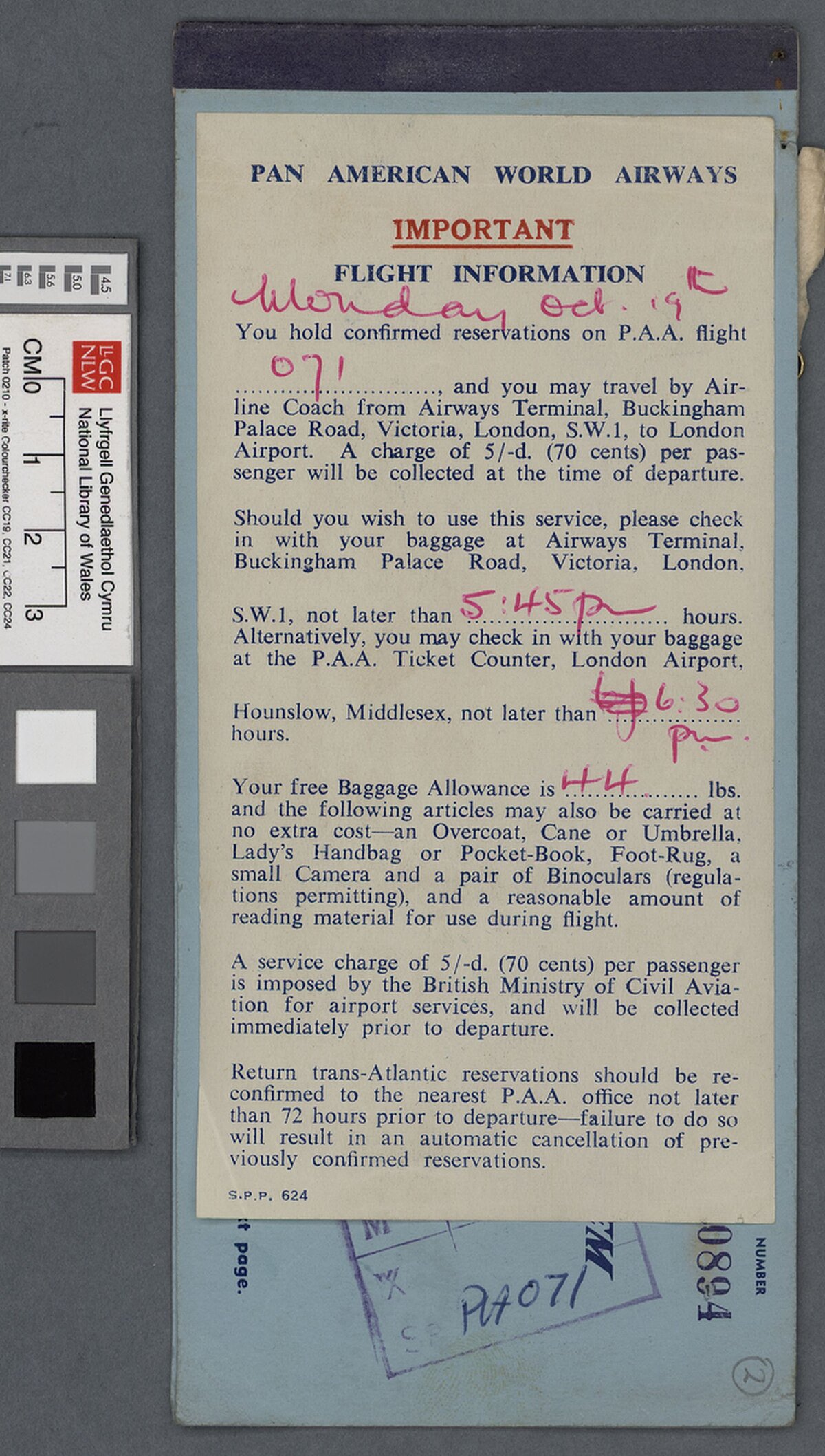 Dylan Thomas' airline ticket for a flight to America dated 29 September 1953.