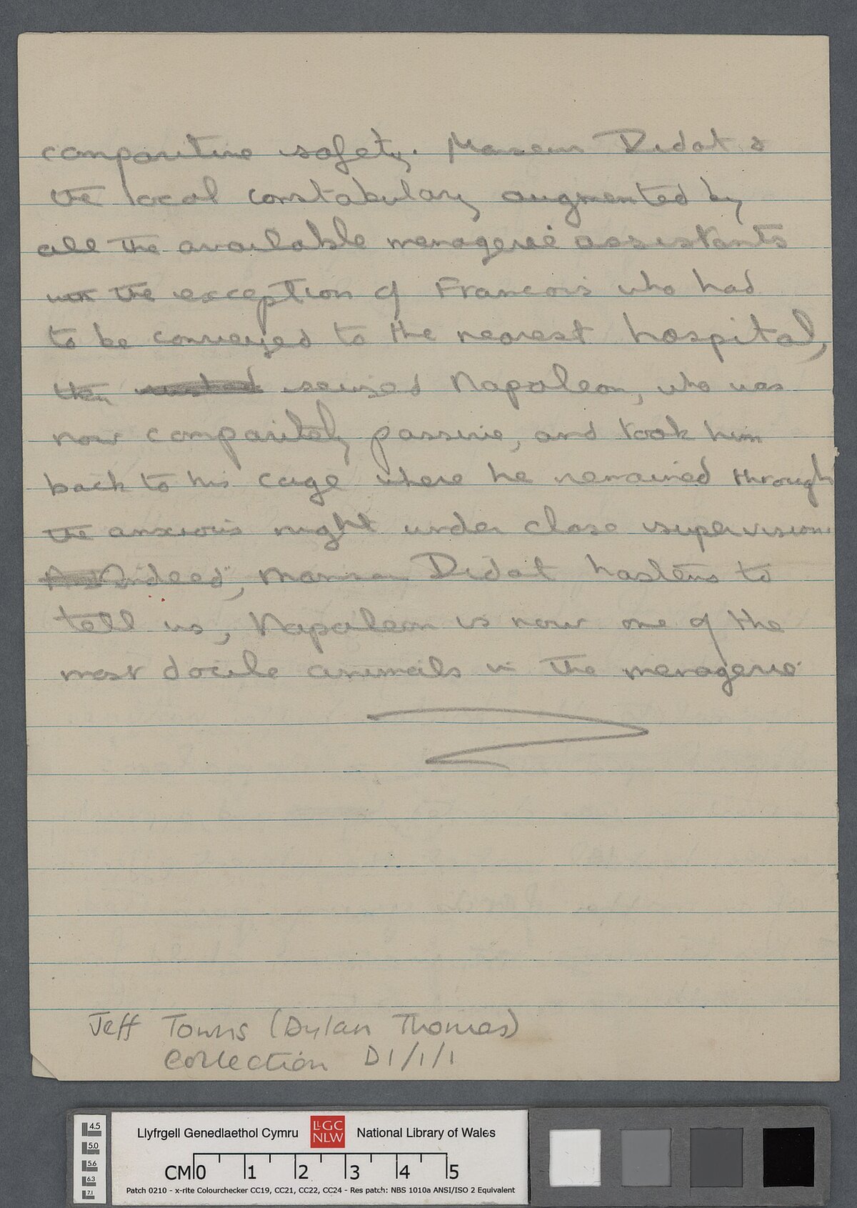 Page four of an early untitled and unpublished draft of a short story by Dylan Thomas which opens "Monsieur [sic] Didot's menagerie reached the little town of Artois early in the summer morning some years ago".