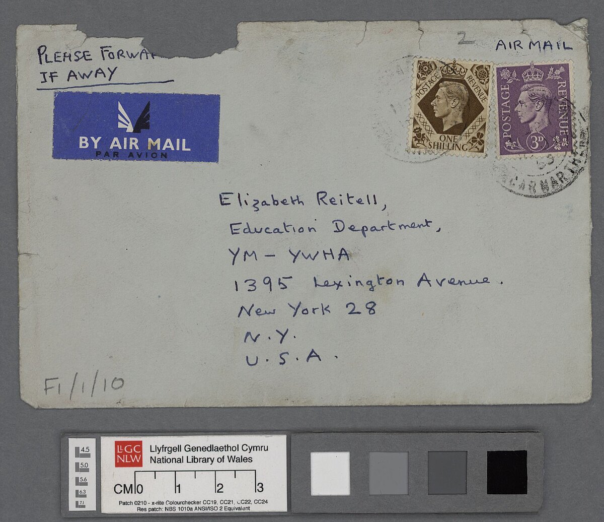 Envelope containing letter, dated 15 July 1953, addressed to Elizabeth Reitell. In it, Dylan refers to 'Under Milk Wood', financial matters, and a proposed opera in collaboration with Ivor Stravinsky.