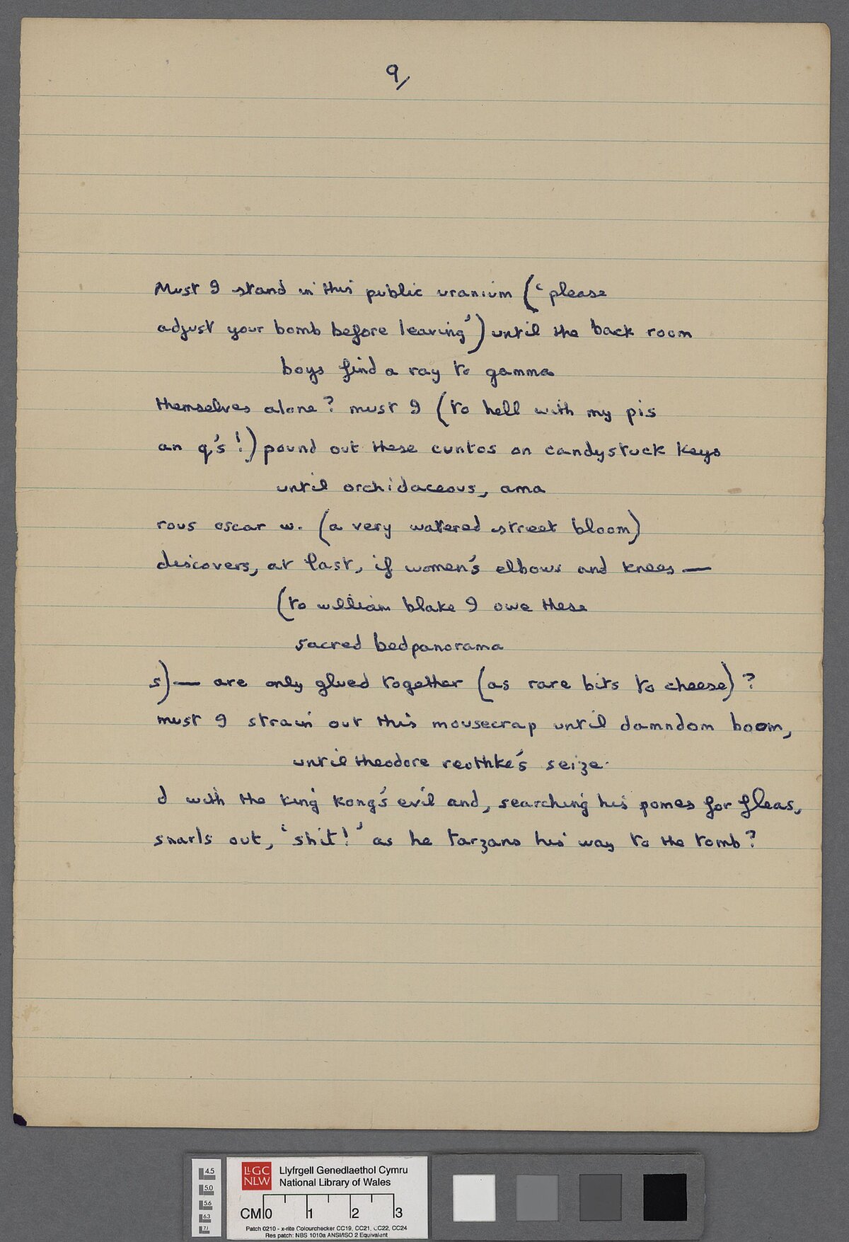 Ninth page of a draft of 'Letter to Loren' (1951), a letter by Dylan Thomas written in verse, and sent to his friend Lloyd Frankenberg and Loren MacIver on his return to Laugharne following his first American tour. This annotated manuscript appears to be a final draft.