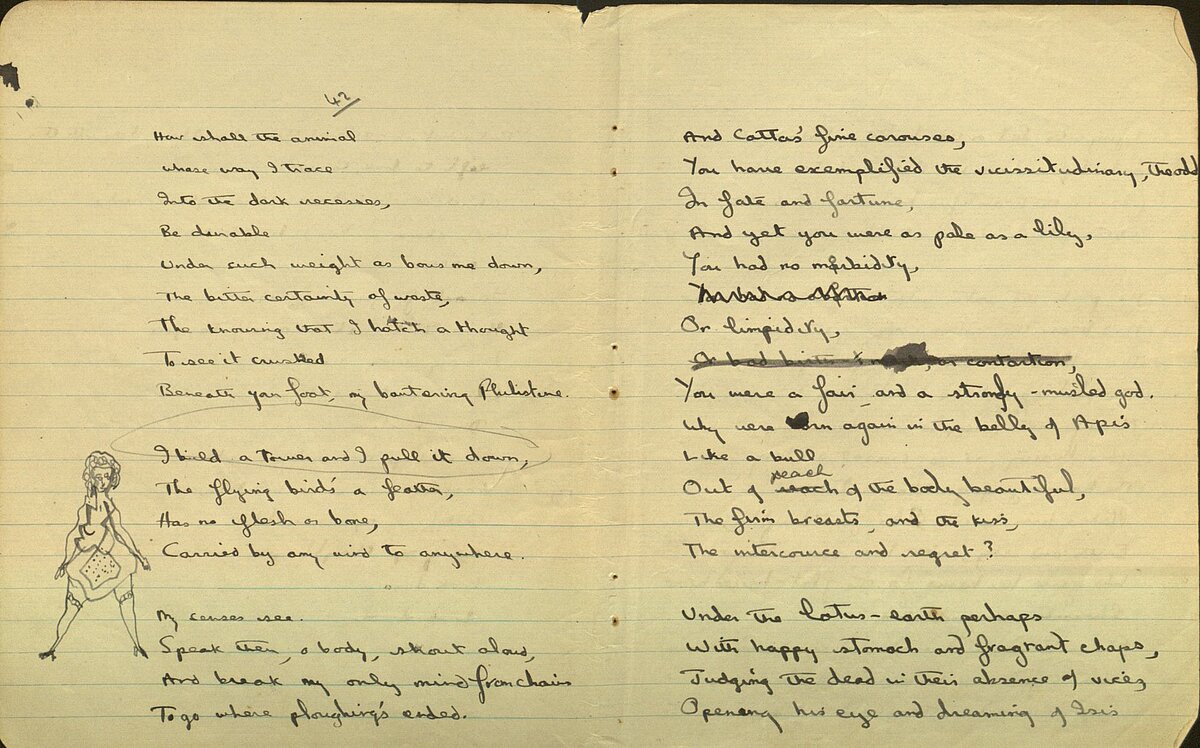 Doodle by Dylan Thomas and the poem 'How shall the animal', from the 1930 Notebook.