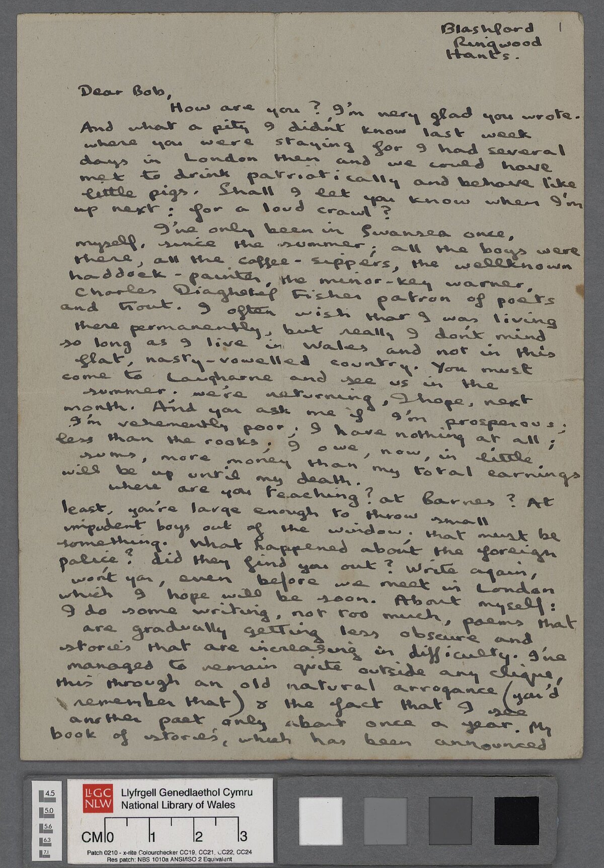 An undated letter, possibly written in January 1939, to Dylan Thomas' former school friend Bob Rees, in which he refers to Swansea, and discusses 'In the direction of the beginning', and the influence of Gerard Manley Hopkins on his writing.