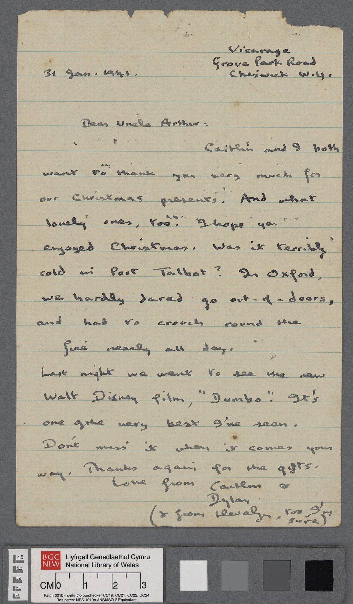 A letter from Dylan Thomas, dated 31 January 1941, to his uncle, Arthur Thomas. In the letter, he thanks him for the Christmas gifts he received and refers to the new Disney film at the time, 'Dumbo'.