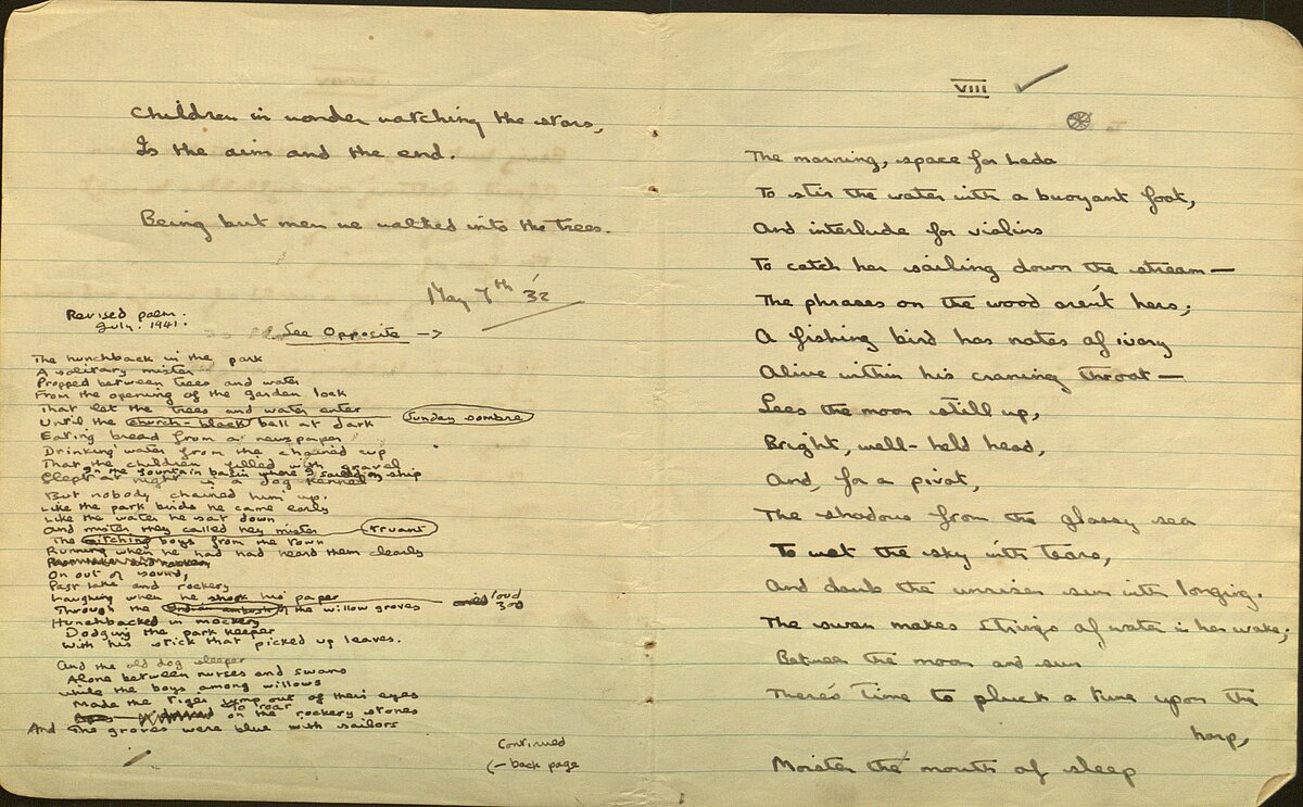 Draft of the poem, 'The Hunchback in the Park', from the 1932 Notebook.