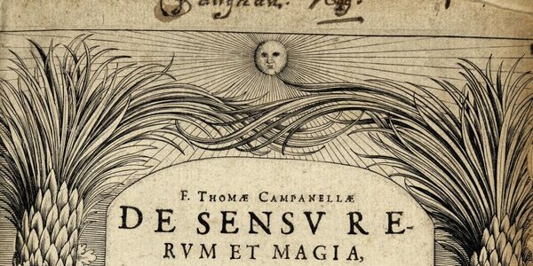 Upper half of the title page of 'De sensu rerum et magia' by Tommaso Campanella including Henry Vaughan's signature