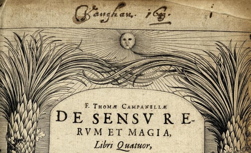 Upper half of the title page of 'De sensu rerum et magia' by Tommaso Campanella including Henry Vaughan's signature