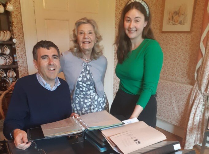 Dr Maredudd ap Huw, Gaynor Morgan Rees and Ceri Evans pictured with files from the Bobi Owen archive