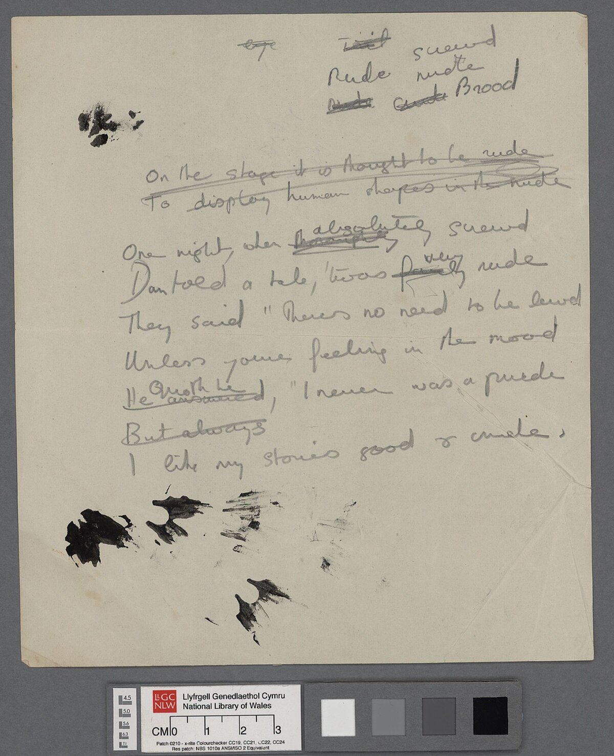 An untitled limerick by Dylan Thomas about his friend Daniel Jones, with a selection of rhyming words noted at the top of the page and ink stains on the left-hand side.