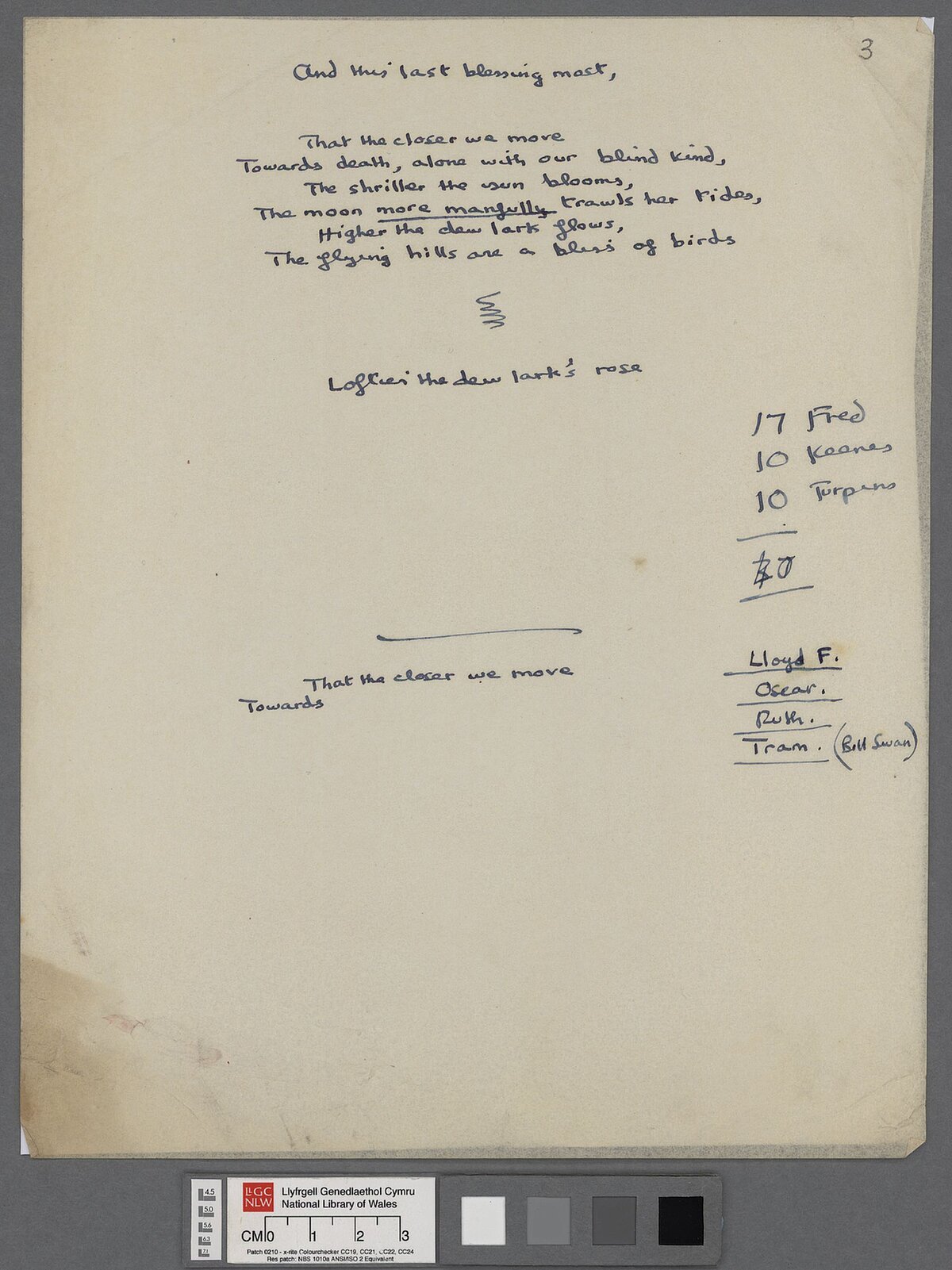 Third page of worksheets produced by Dylan whilst composing 'Poem on his Birthday', written to mark his thirty-fifth birthday in 1949.
