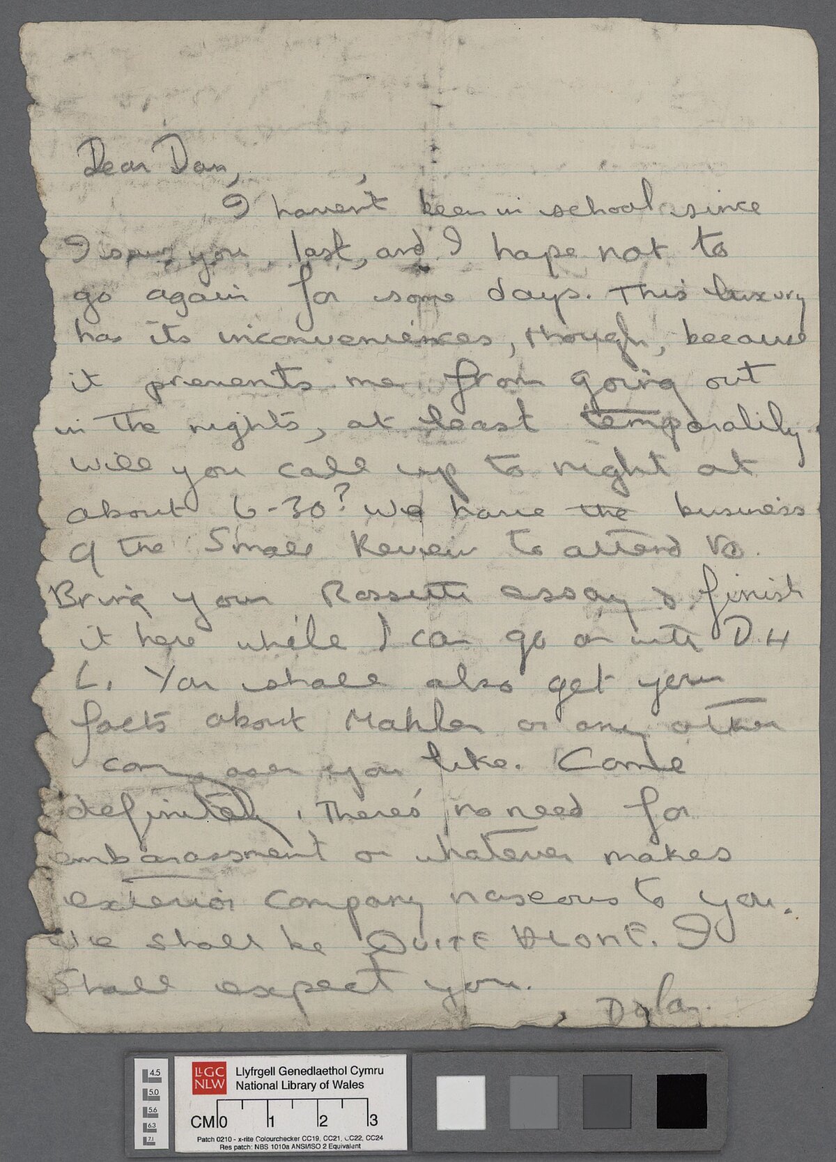 An undated letter from Dylan to Daniel Jones, asking that the latter visit him to collaborate on a review and other works. It is thought that the letter dates between 1926 and 1928, and that it is one of the earliest letters between the two friends.
