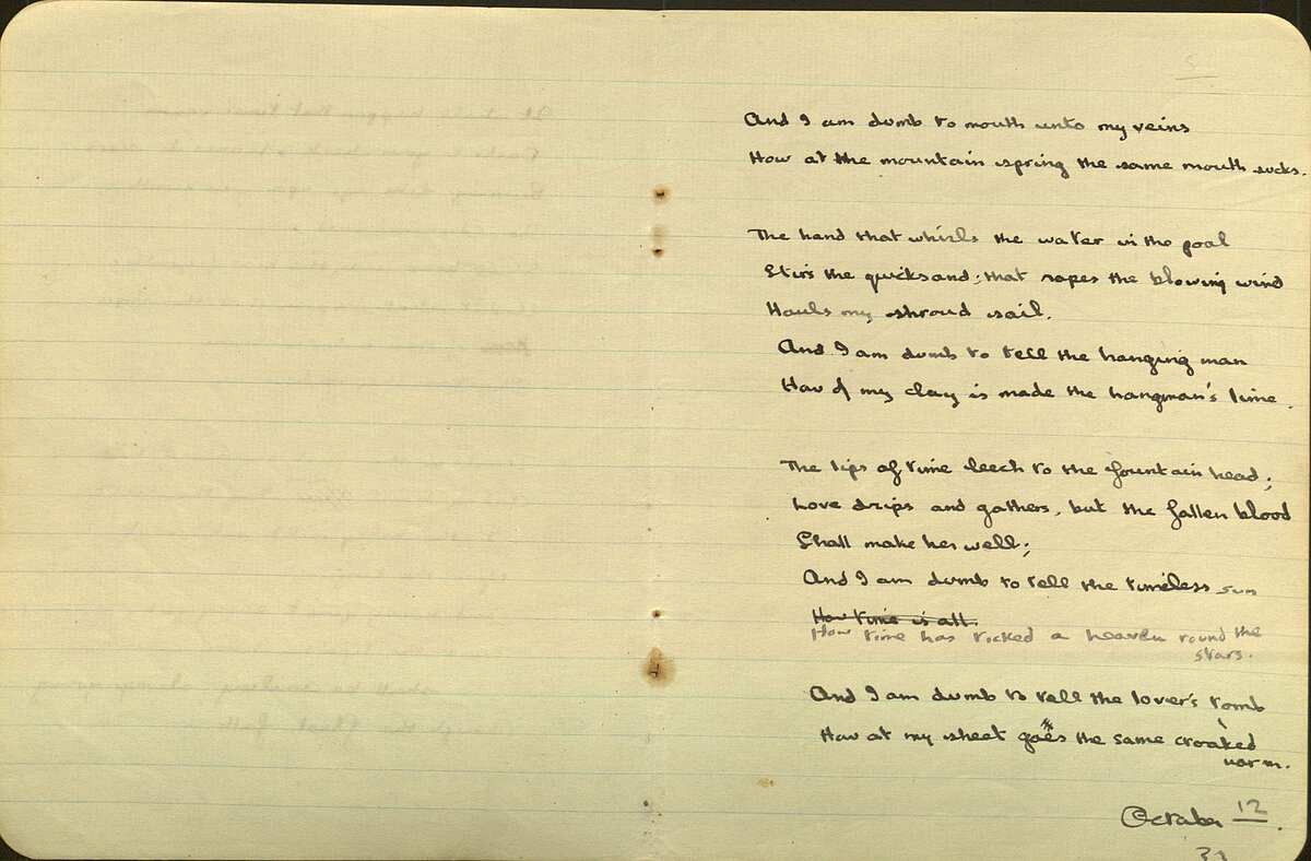 Draft of the poem, 'The force that throught the green fuse drives the flower', from the 1934 Notebook.