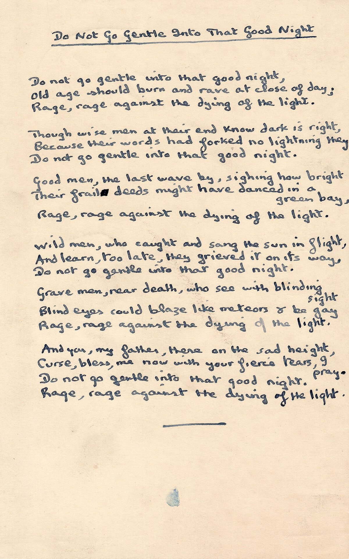 Draft of the poem 'Do Not Go Gentle Into That Goodnight'.