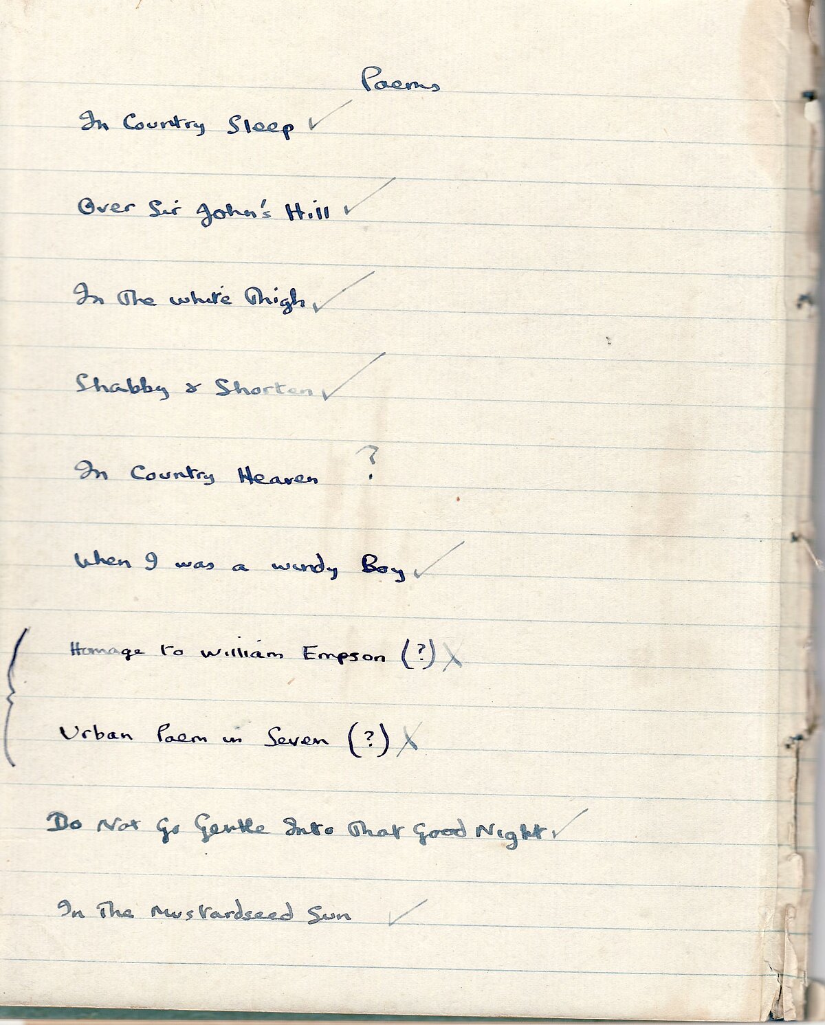 Contents list for the 1949-1951 Notebook.