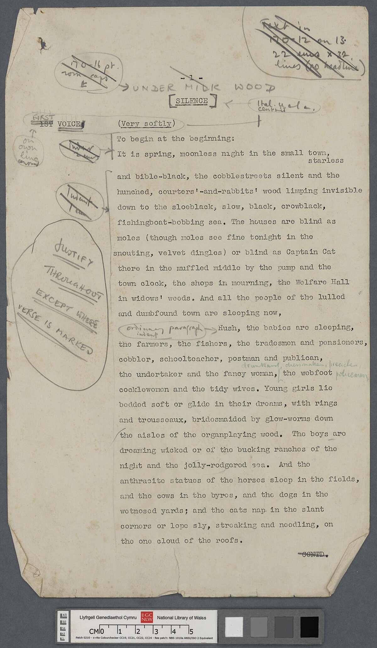 Second page of a 1953 script of Under Milk Wood, with annotations in the hand of both Dylan Thomas and Daniel Jones. The wallet, in which the script was enclosed, is labelled "1 of New York scripts".