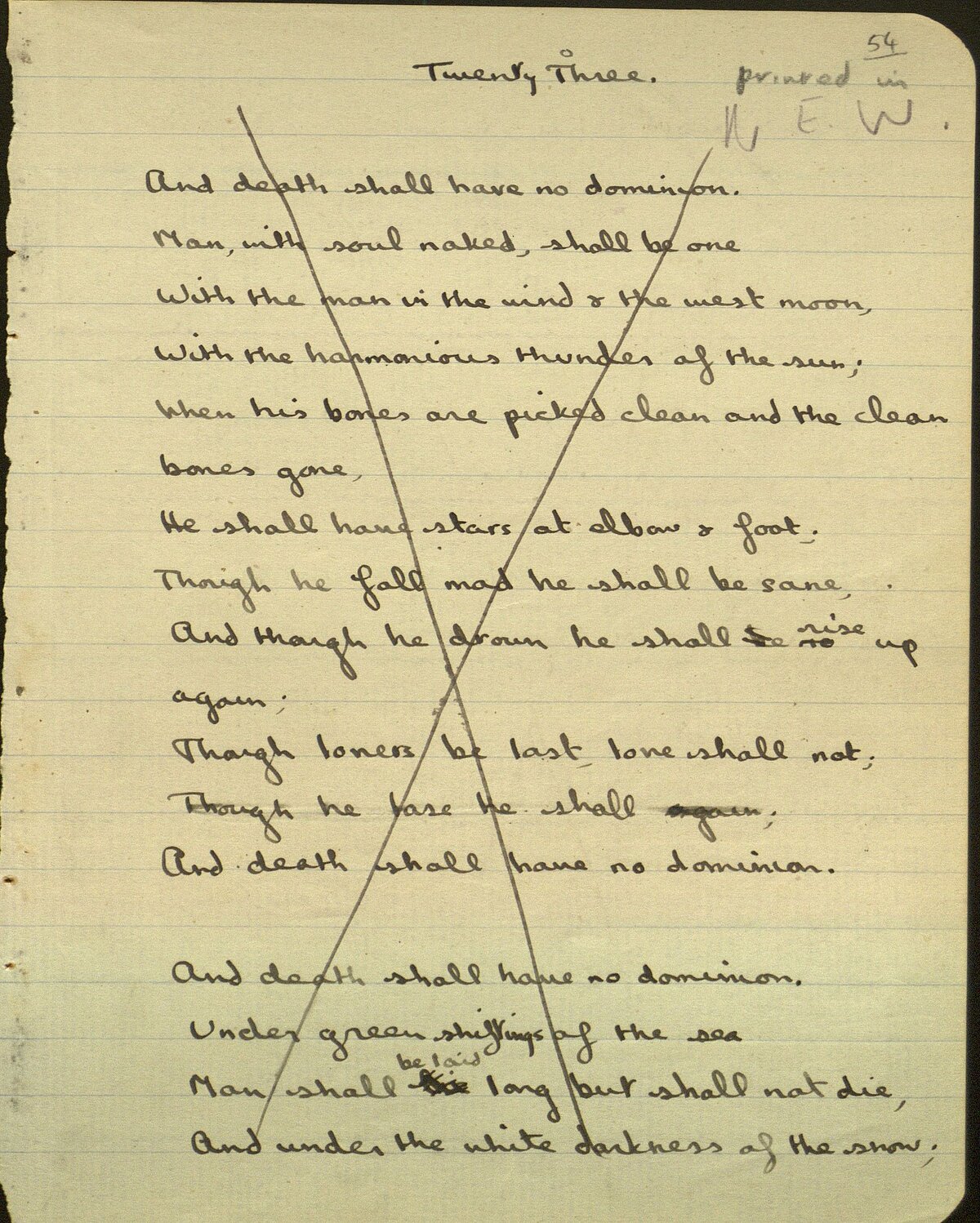 Draft of the poem, 'And Death Shall Have No Dominion', from the 1933 Notebook.