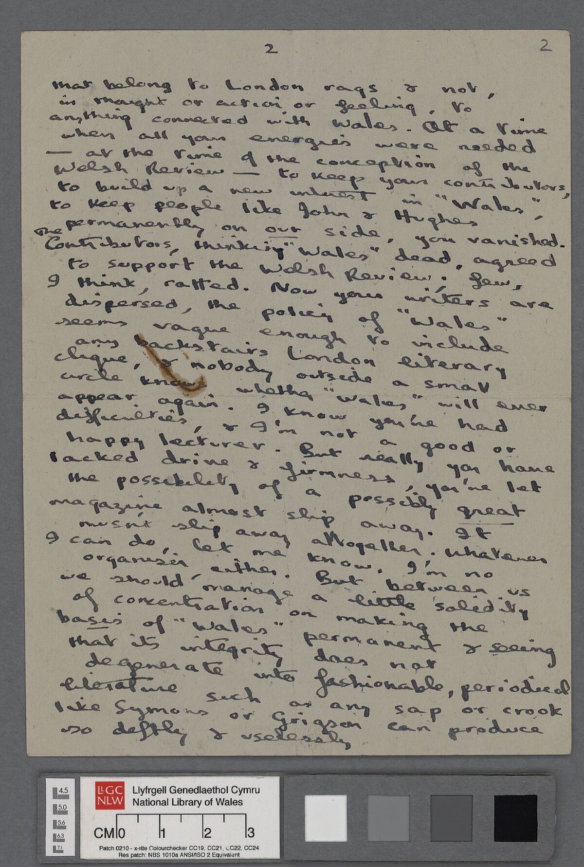 Third page of a letter, dated 7 January 1938, to Keidrych Rhys, in which he expresses his frustration at Rhys and his 'Wales' magazine.