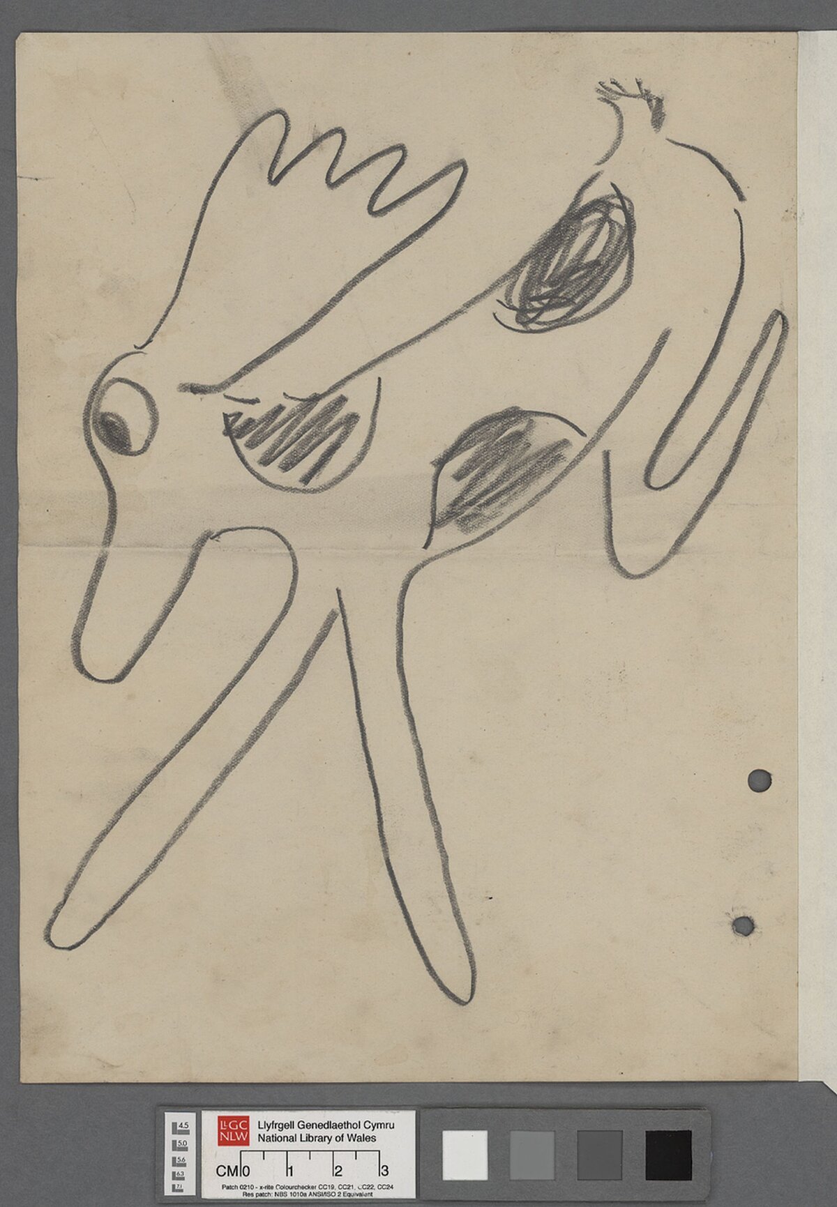 A drawing of an animal, appearing to be a dog, in Dylan Thomas' hand.
