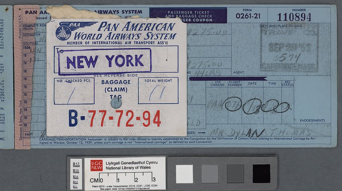 Dylan Thomas' airline ticket for a flight to America dated 29 September 1953.