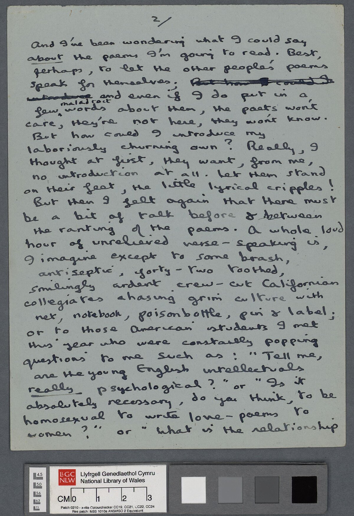 Second page of a draft, containing numerous amendments, of an introduction to a poetry reading by Dylan Thomas.