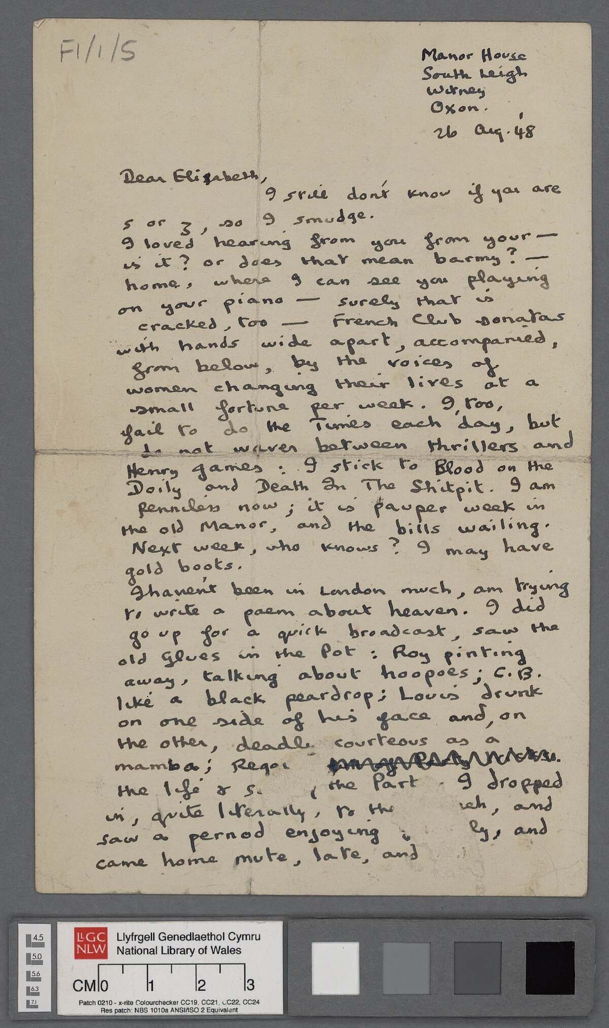 A letter, dated 26 August 1948, to Elizabeth Lutyens discussing his work and poverty.