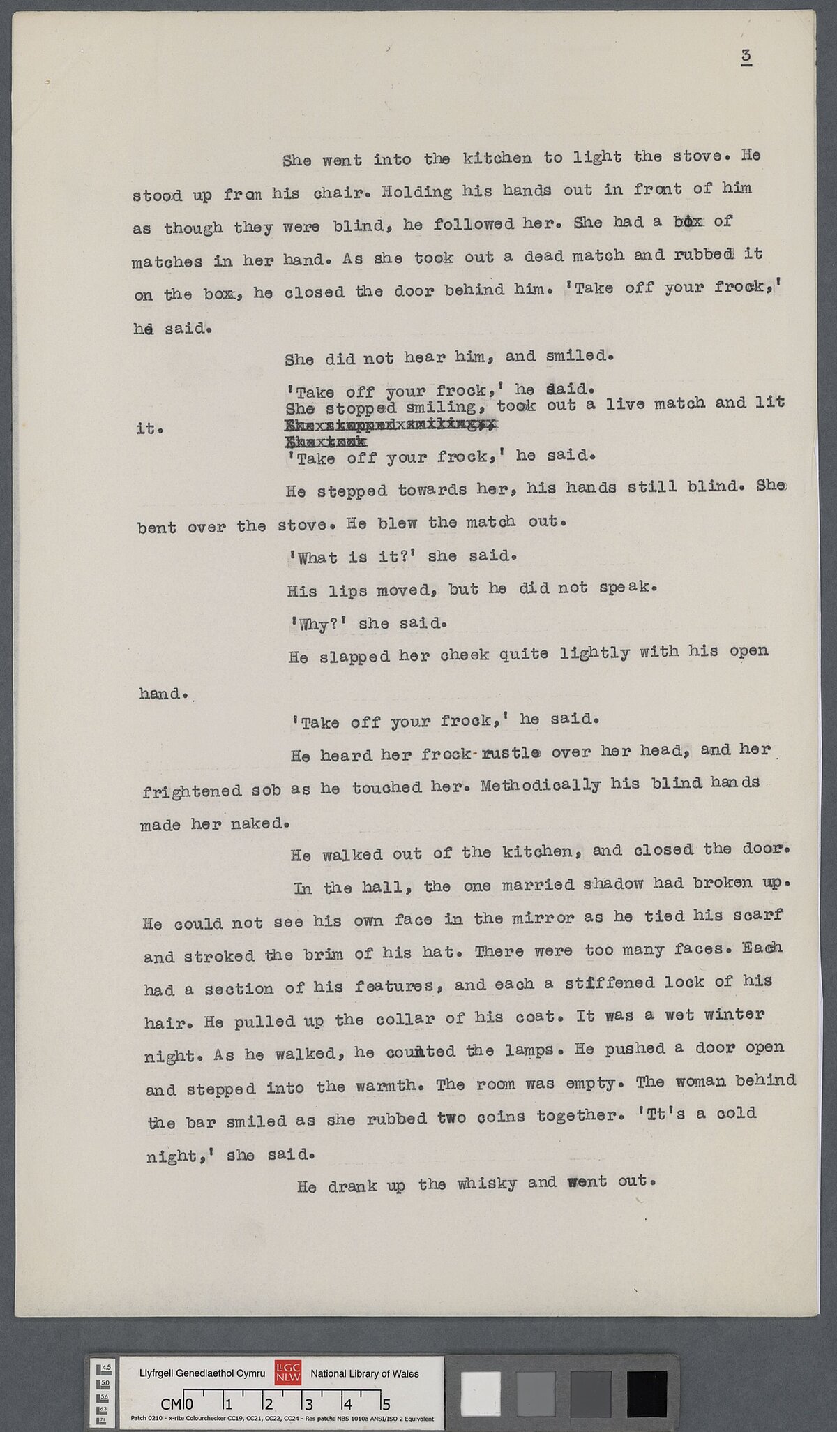 Page three of a typescript copy, containing a few corrections, of a story entitled, 'The Vest'. This work was first recorded in the 1934, 'Red notebook'.