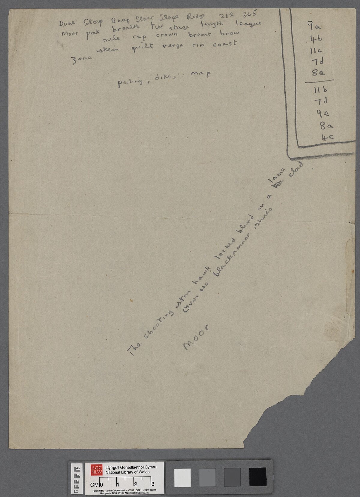 A page of manuscript notes produced by Dylan Thomas whilst composing the unfinished poem, 'In Country Heaven'.