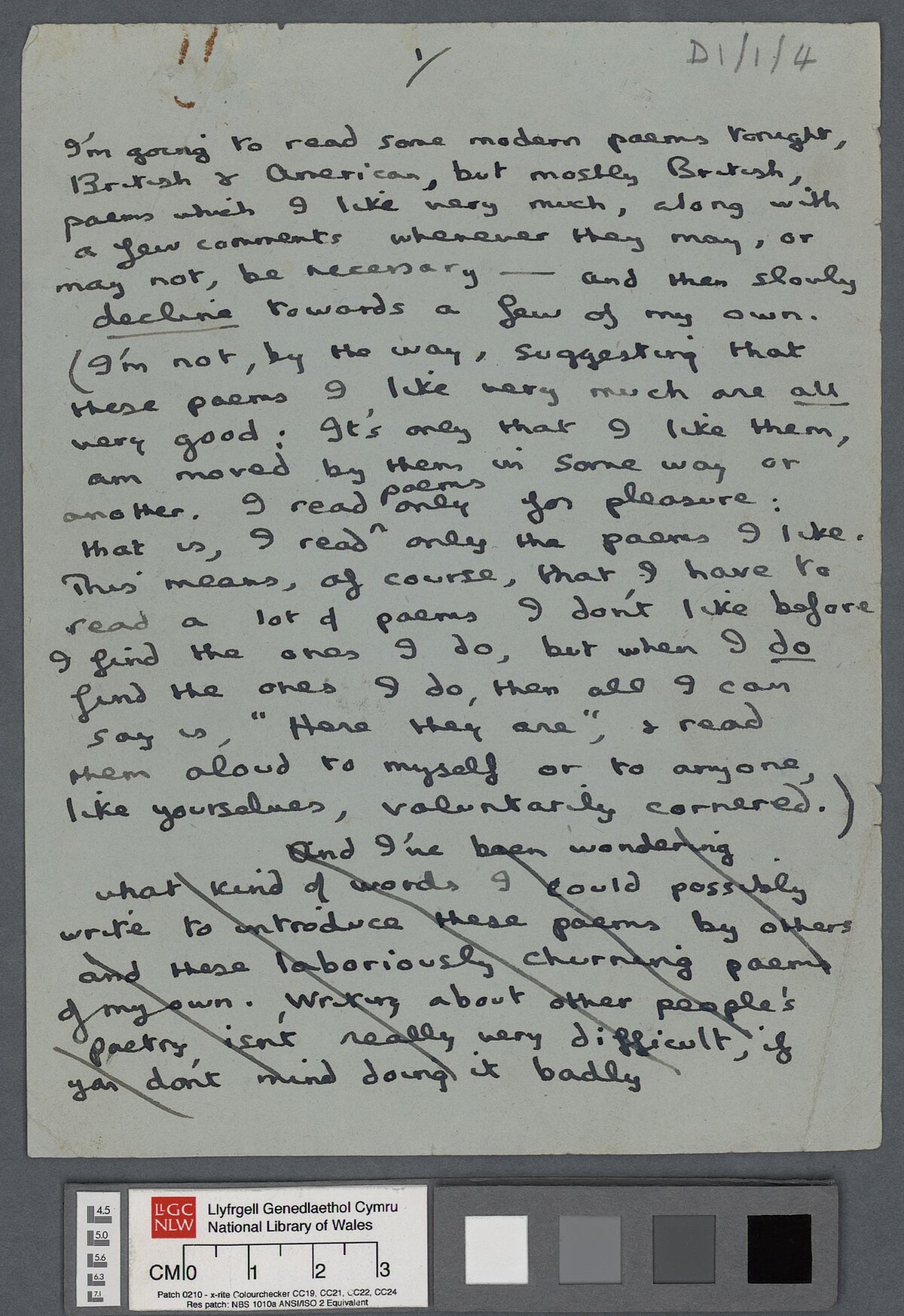 First page of a draft, containing numerous amendments, of an introduction to a poetry reading by Dylan Thomas.