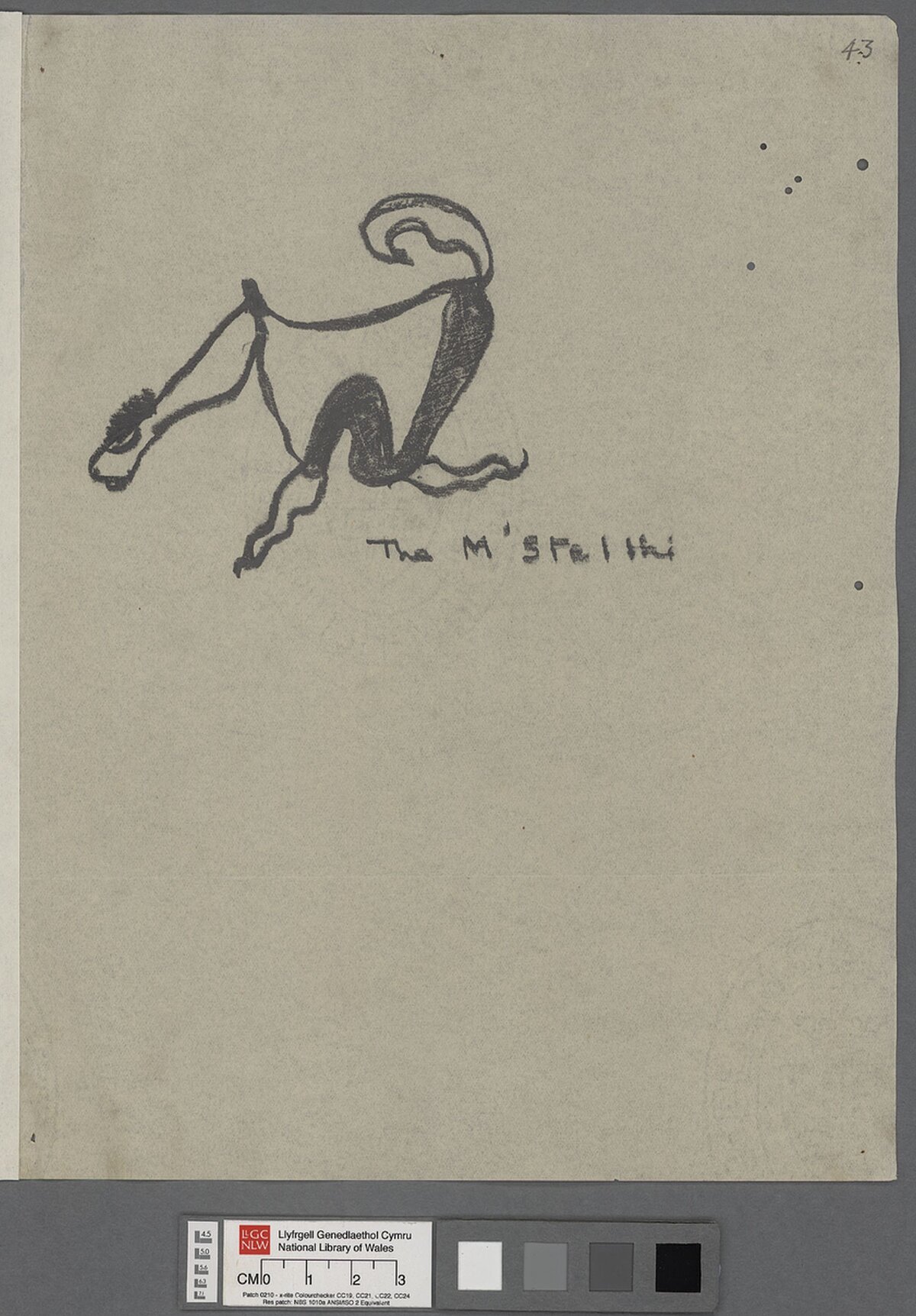 A drawing of an animal such as a cow or horse in Dylan Thomas' hand.
