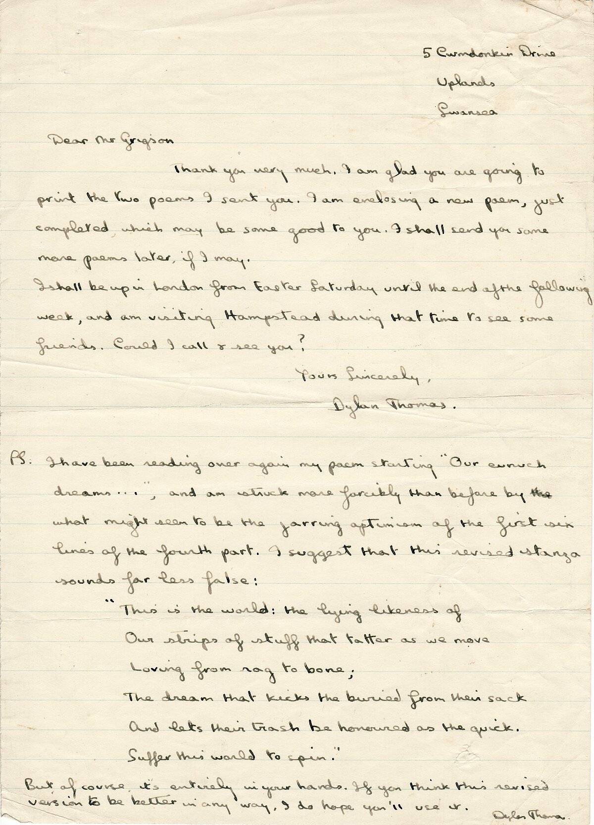 Letter from Dylan Thomas to Geoffrey Grigson, 27 March 1934.