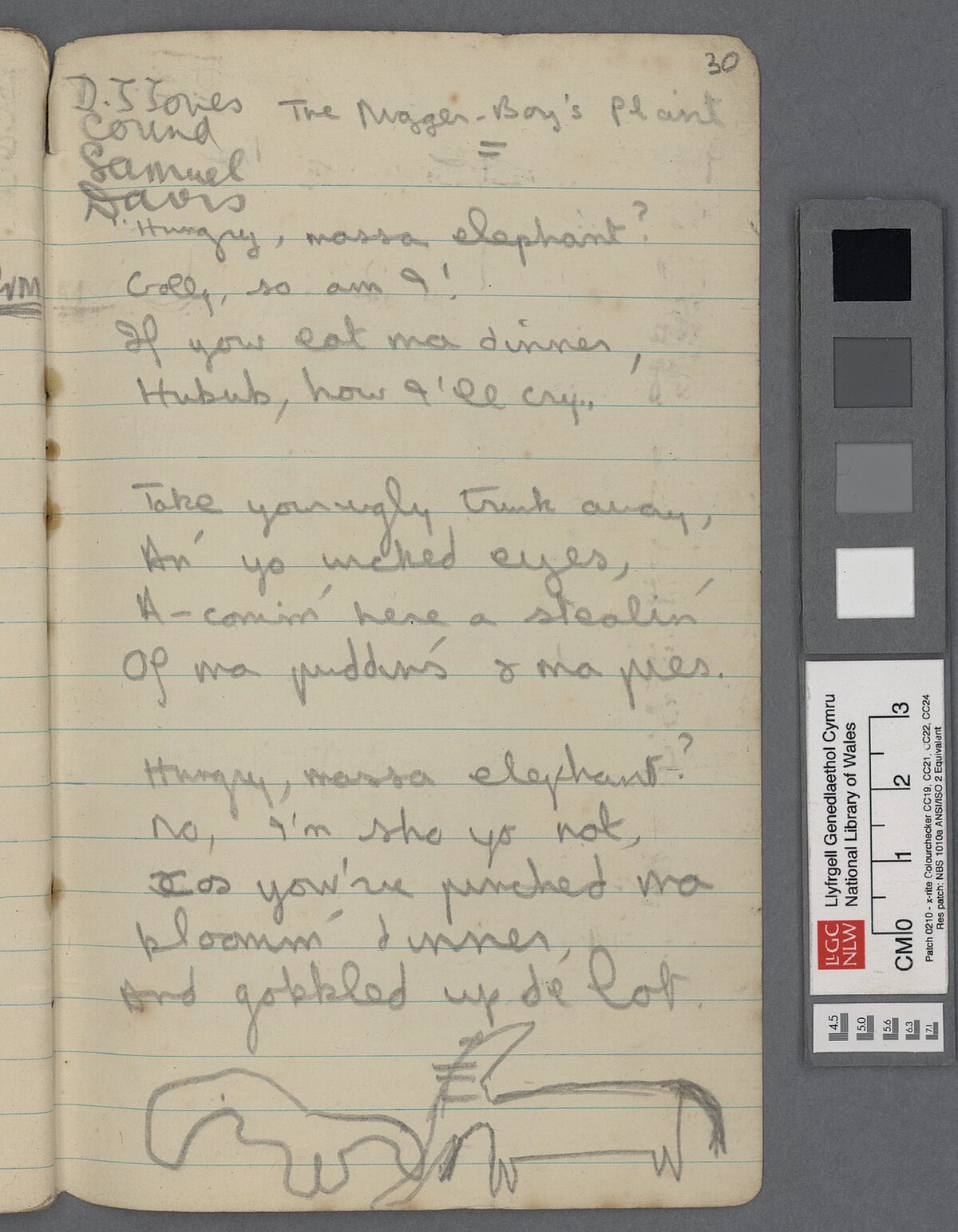 A page from a Swansea Intermediate School exercise book belonging to Dylan Jones with an unpublished poem amongst his notes in the hand of Dylan Thomas.