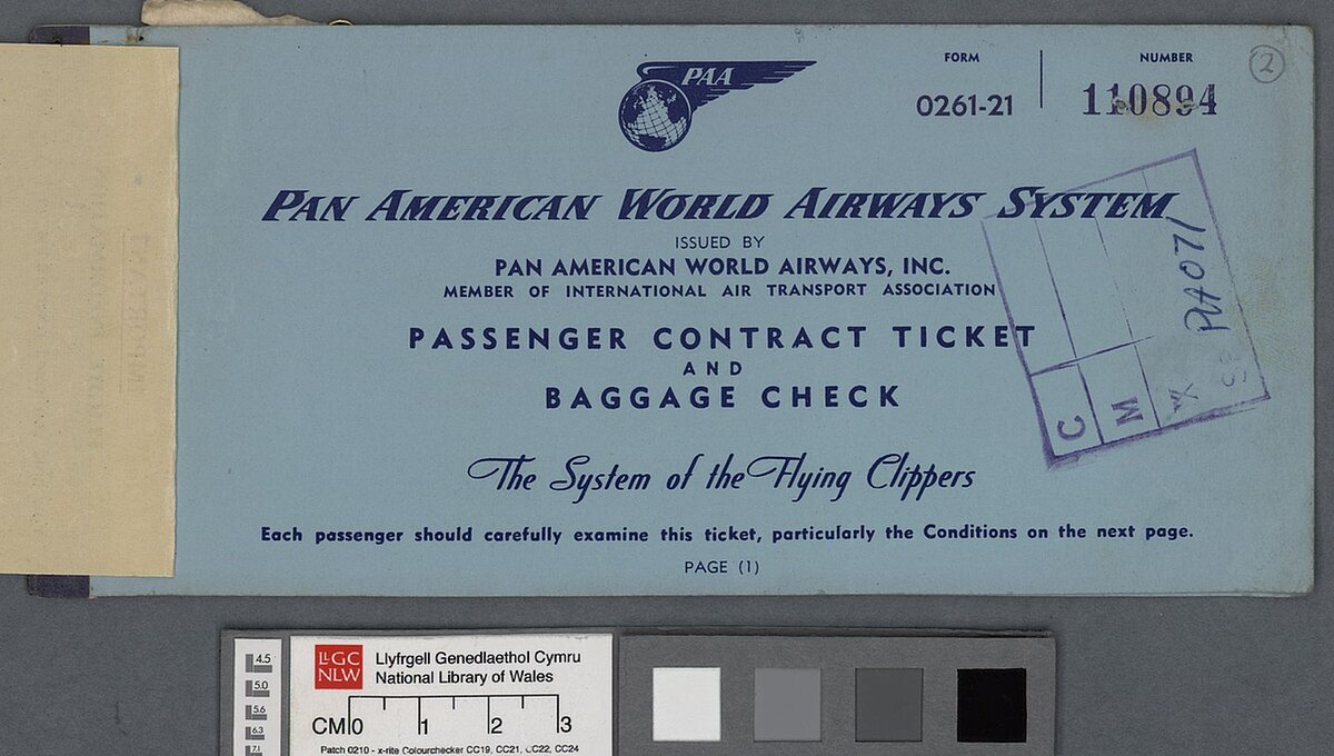 Front of Dylan Thomas' airline ticket for a flight to America dated 29 September 1953.