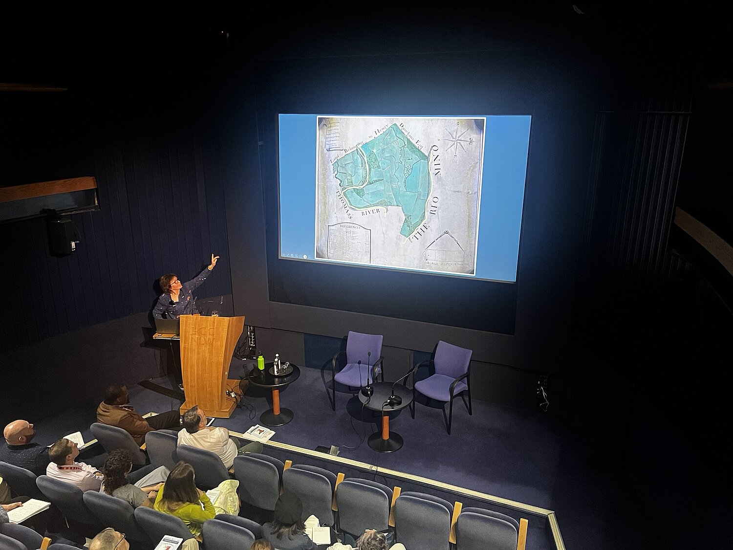 Marian Gwyn gestures at a screen showing a manuscript map of a plantation