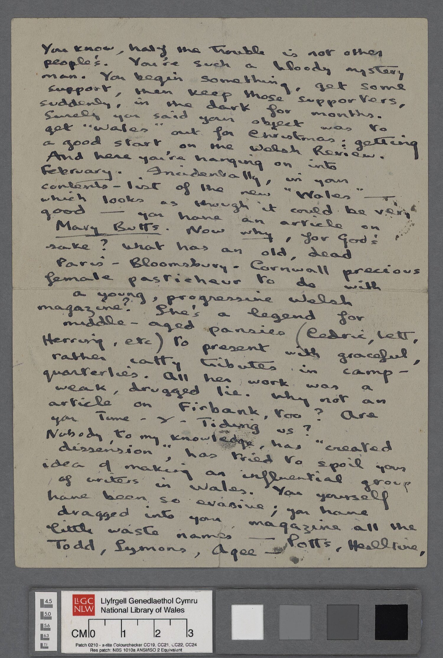 Second page of a letter, dated 7 January 1938, to Keidrych Rhys, in which he expresses his frustration at Rhys and his 'Wales' magazine.